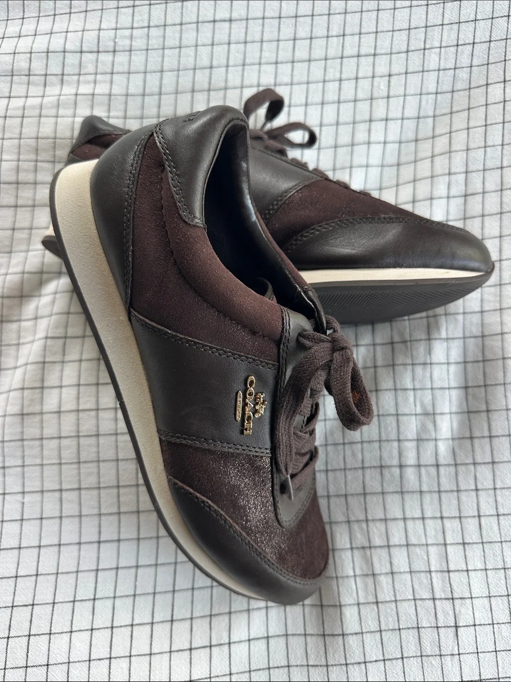 Coach Raylen Sneakers Dark Brown Leather‎ Suede Metallic Women’s 8.5